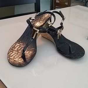 Tory Burch black T strap wedge sandals